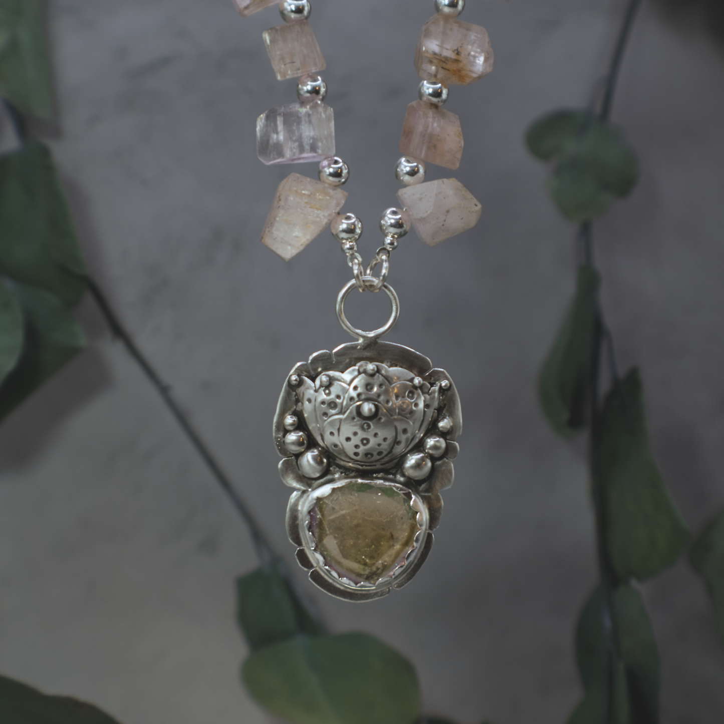 Golden Lotus Necklace - Sterling Silver Tourmaline and Kunzite Necklace