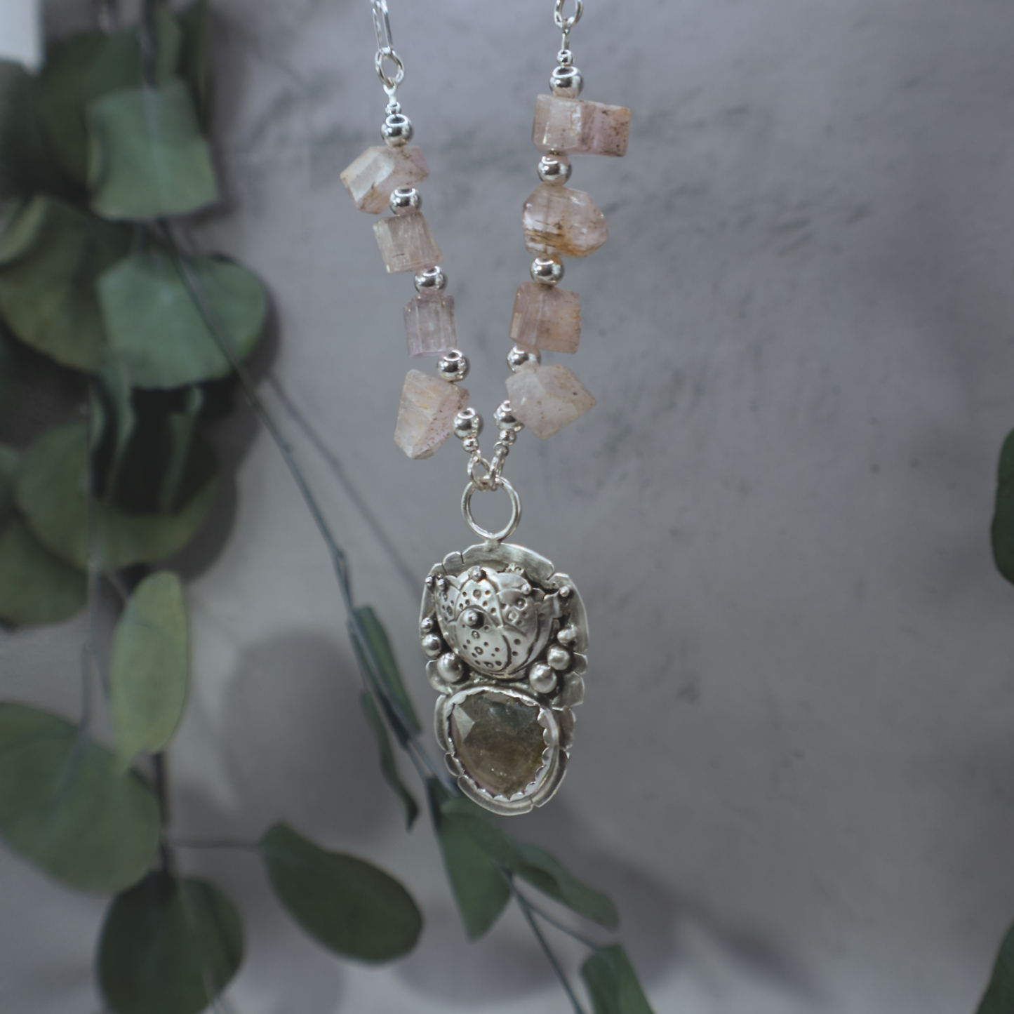 Golden Lotus Necklace - Sterling Silver Tourmaline and Kunzite Necklace