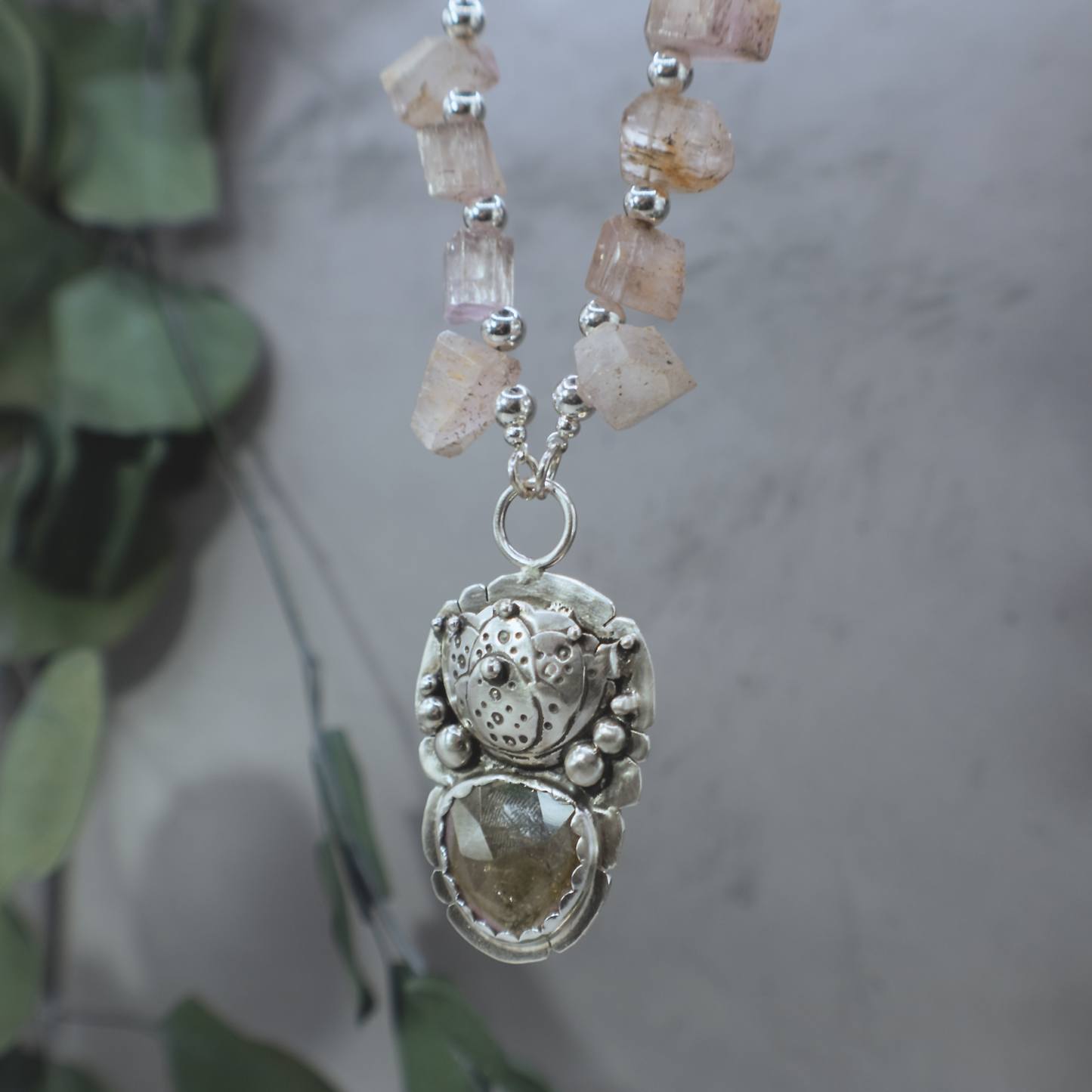 Golden Lotus Necklace - Sterling Silver Tourmaline and Kunzite Necklace
