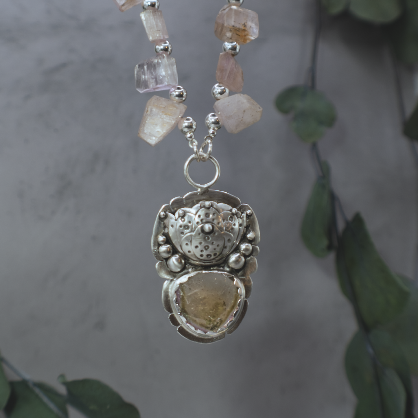 Golden Lotus Necklace - Sterling Silver Tourmaline and Kunzite Necklace