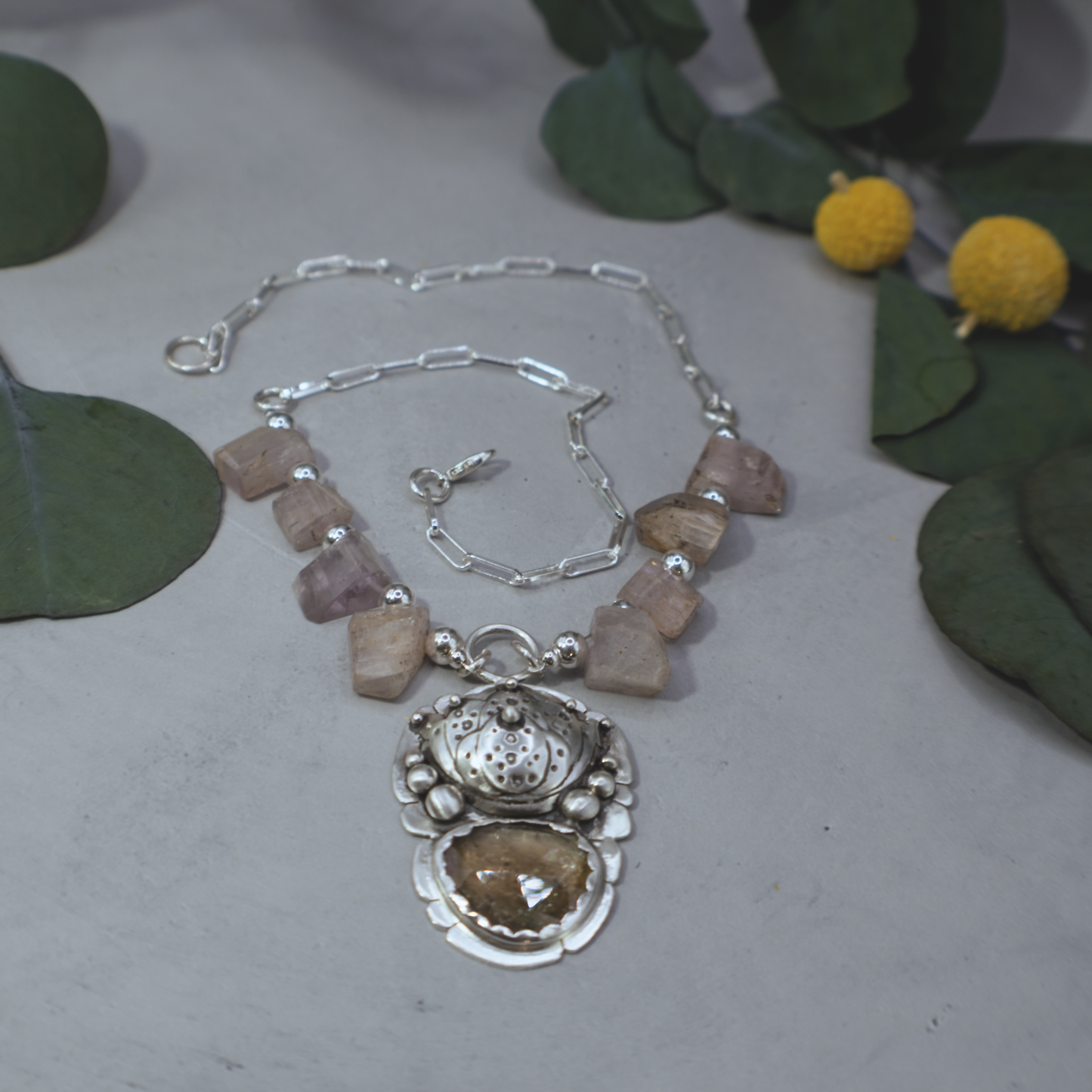 Golden Lotus Necklace - Sterling Silver Tourmaline and Kunzite Necklace