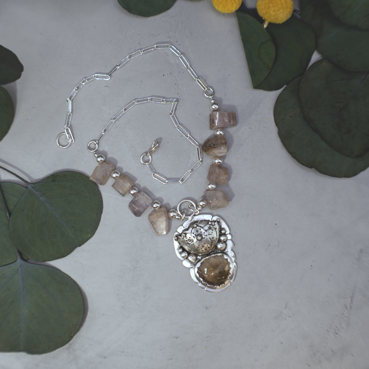 Golden Lotus Necklace - Sterling Silver Tourmaline and Kunzite Necklace