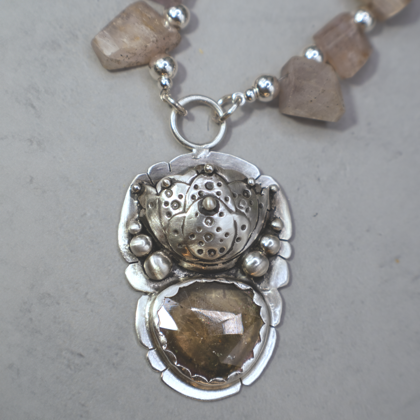 Golden Lotus Necklace - Sterling Silver Tourmaline and Kunzite Necklace