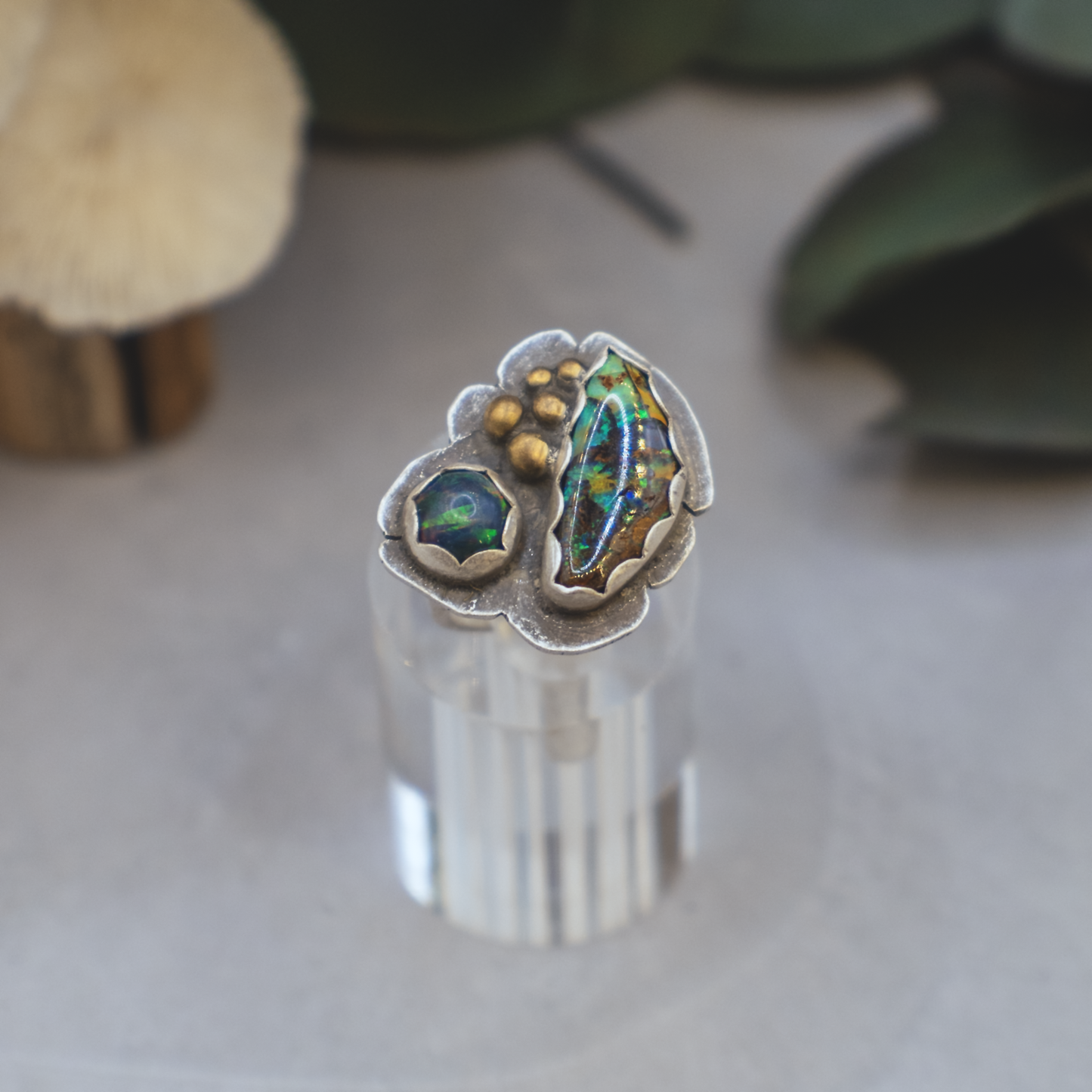 Opal Heart Ring - Sterling Silver and Australian Opal with 24K Brushed Gold
