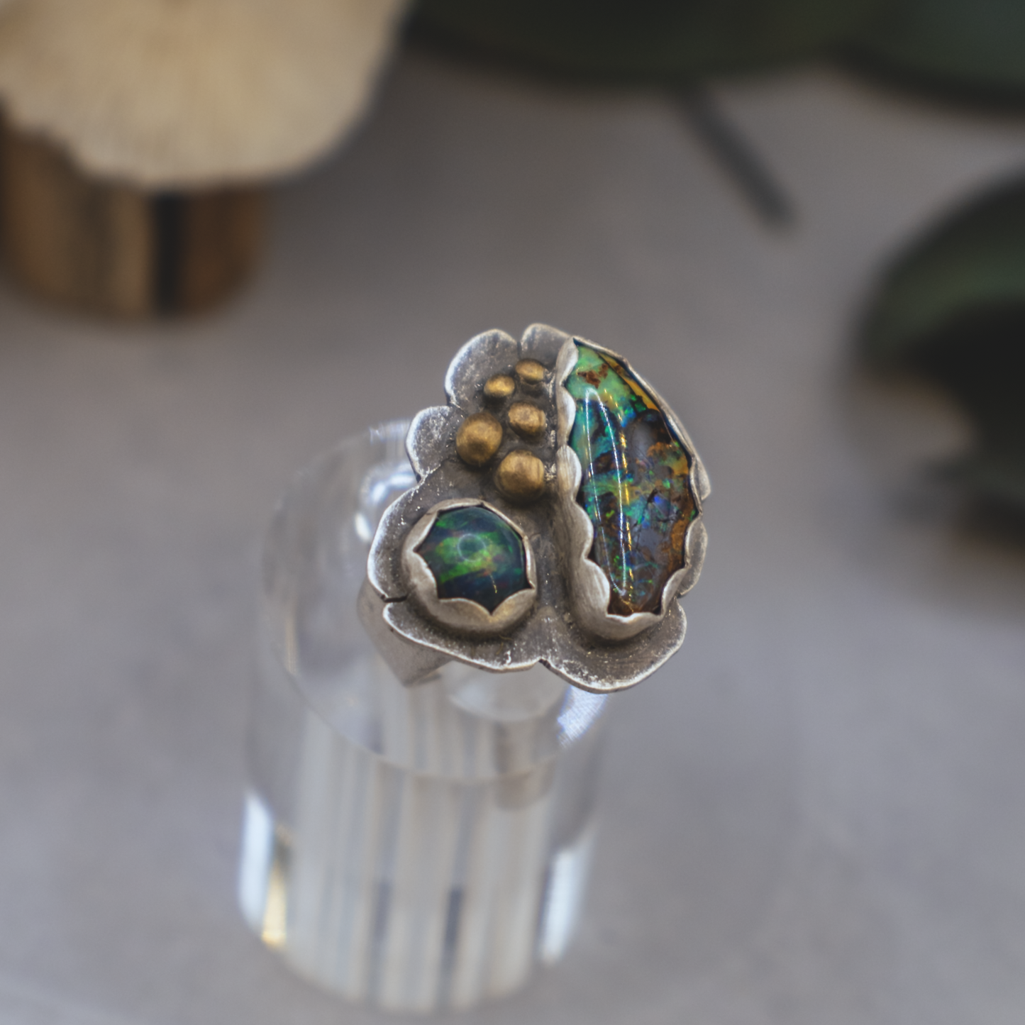 Opal Heart Ring - Sterling Silver and Australian Opal with 24K Brushed Gold
