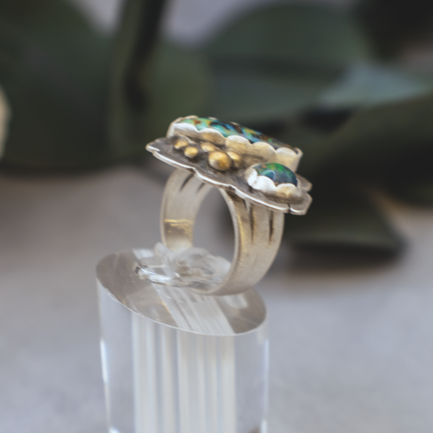 Opal Heart Ring - Sterling Silver and Australian Opal with 24K Brushed Gold