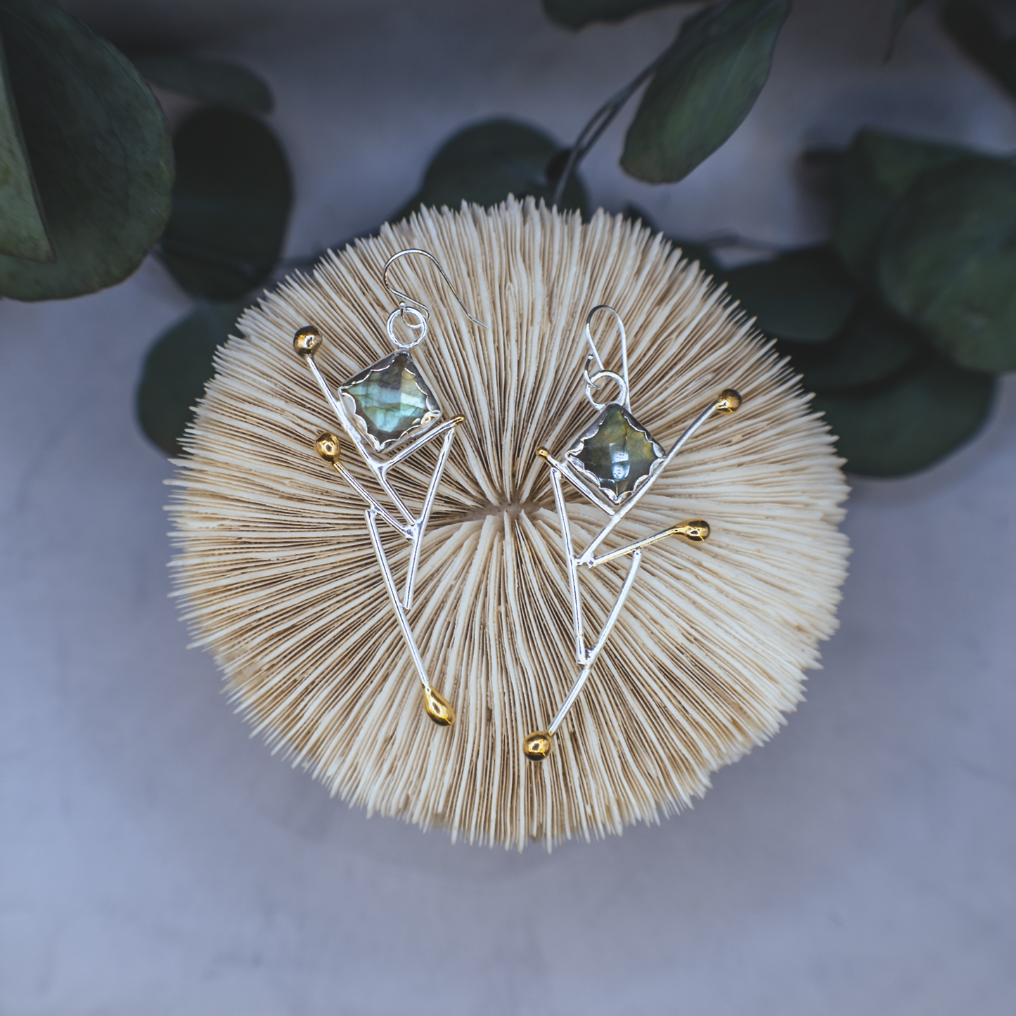 Aurora Earrings - Sterling silver and Labradorite Earrings with 24K Brushed Gold