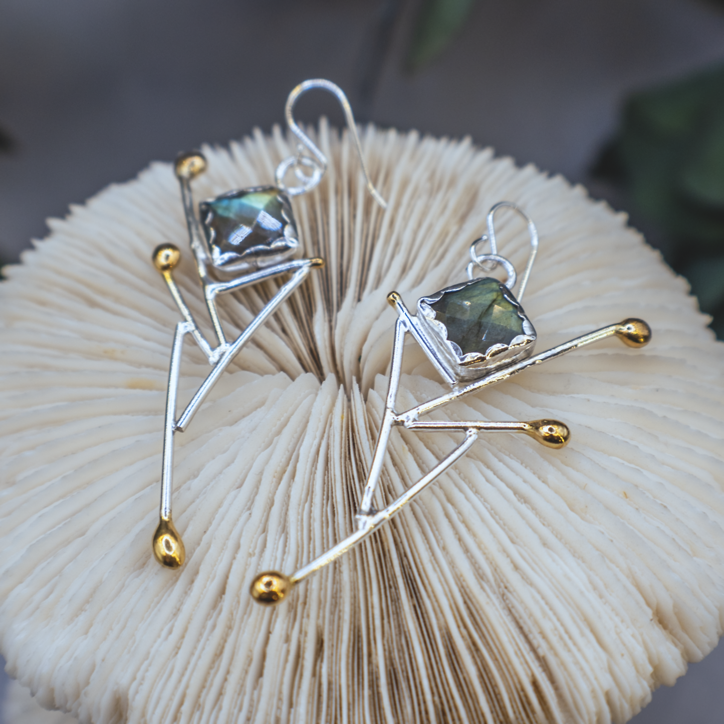 Aurora Earrings - Sterling silver and Labradorite Earrings with 24K Brushed Gold