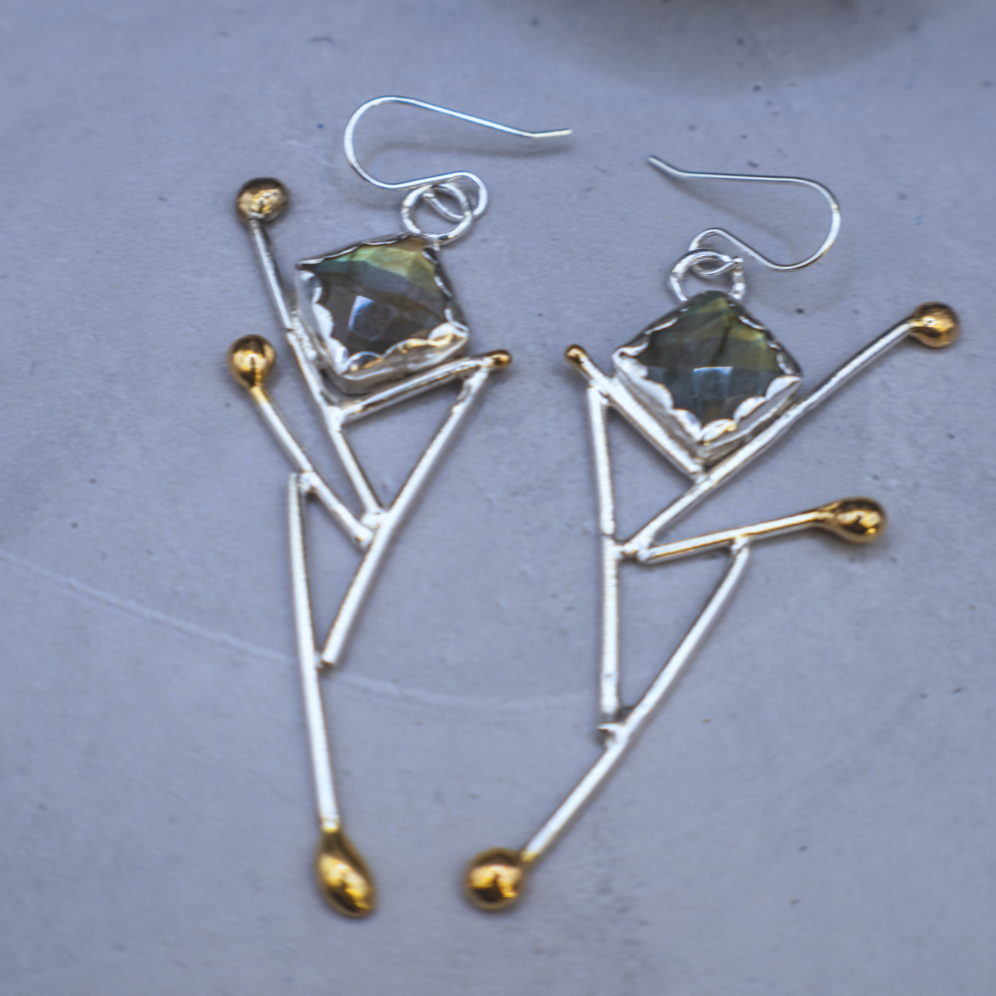 Aurora Earrings - Sterling silver and Labradorite Earrings with 24K Brushed Gold