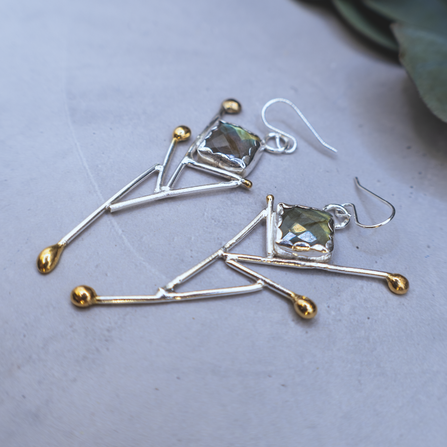 Aurora Earrings - Sterling silver and Labradorite Earrings with 24K Brushed Gold
