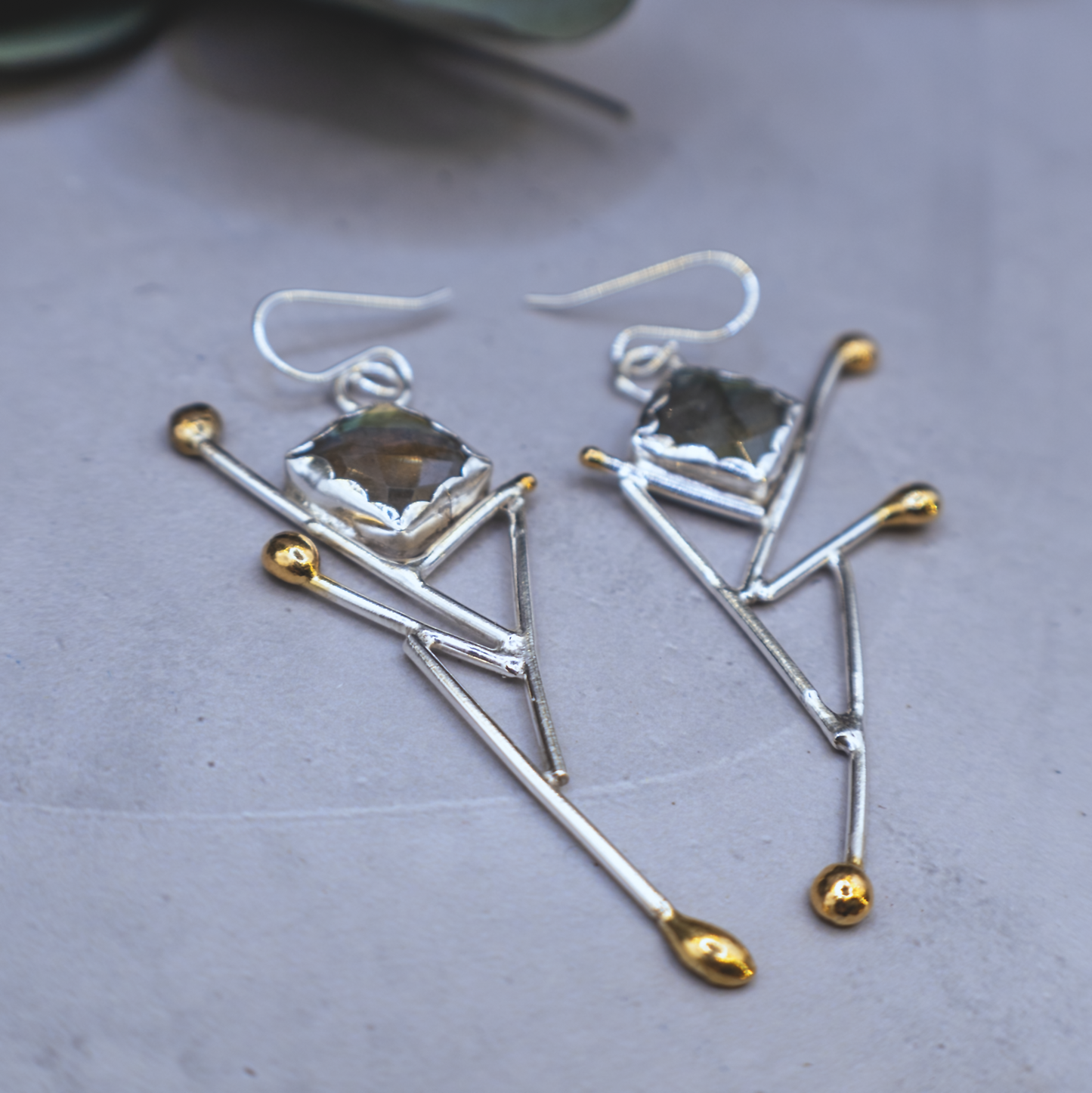 Aurora Earrings - Sterling silver and Labradorite Earrings with 24K Brushed Gold