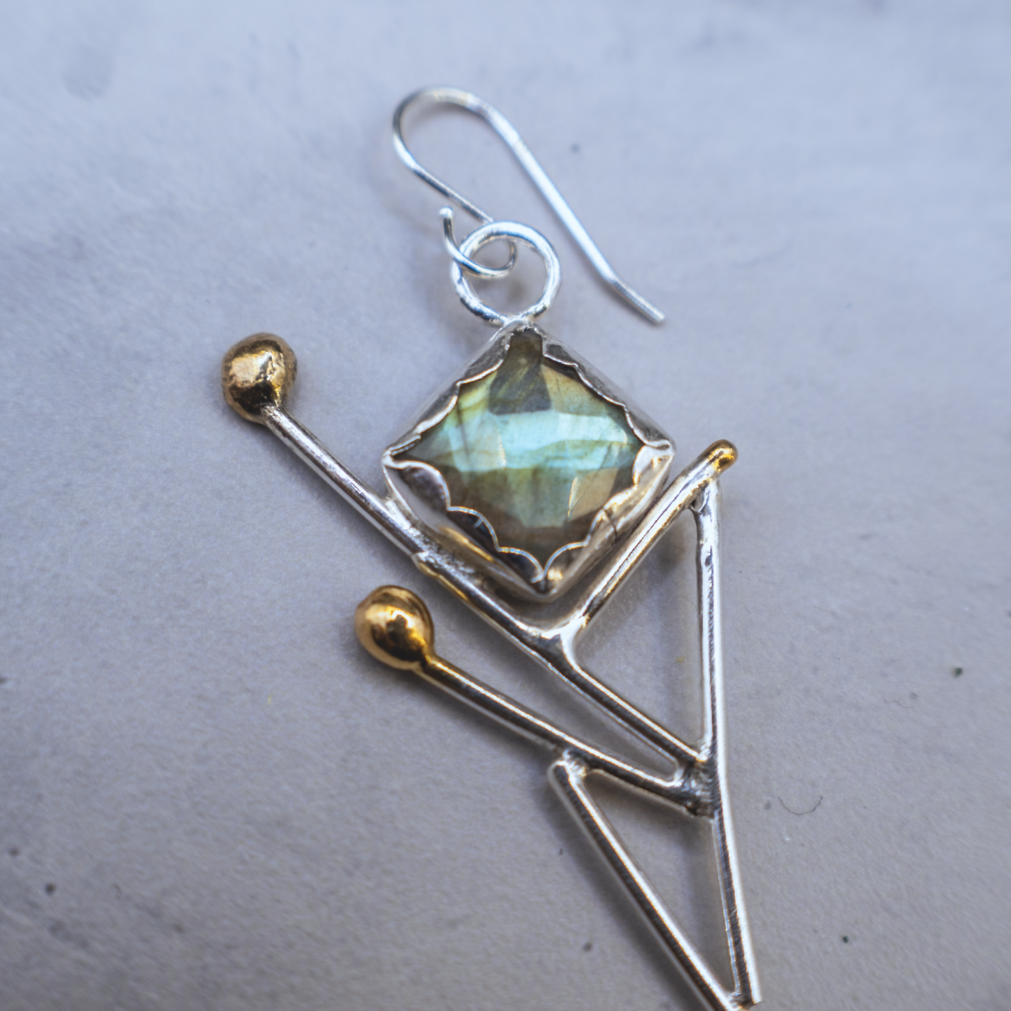 Aurora Earrings - Sterling silver and Labradorite Earrings with 24K Brushed Gold