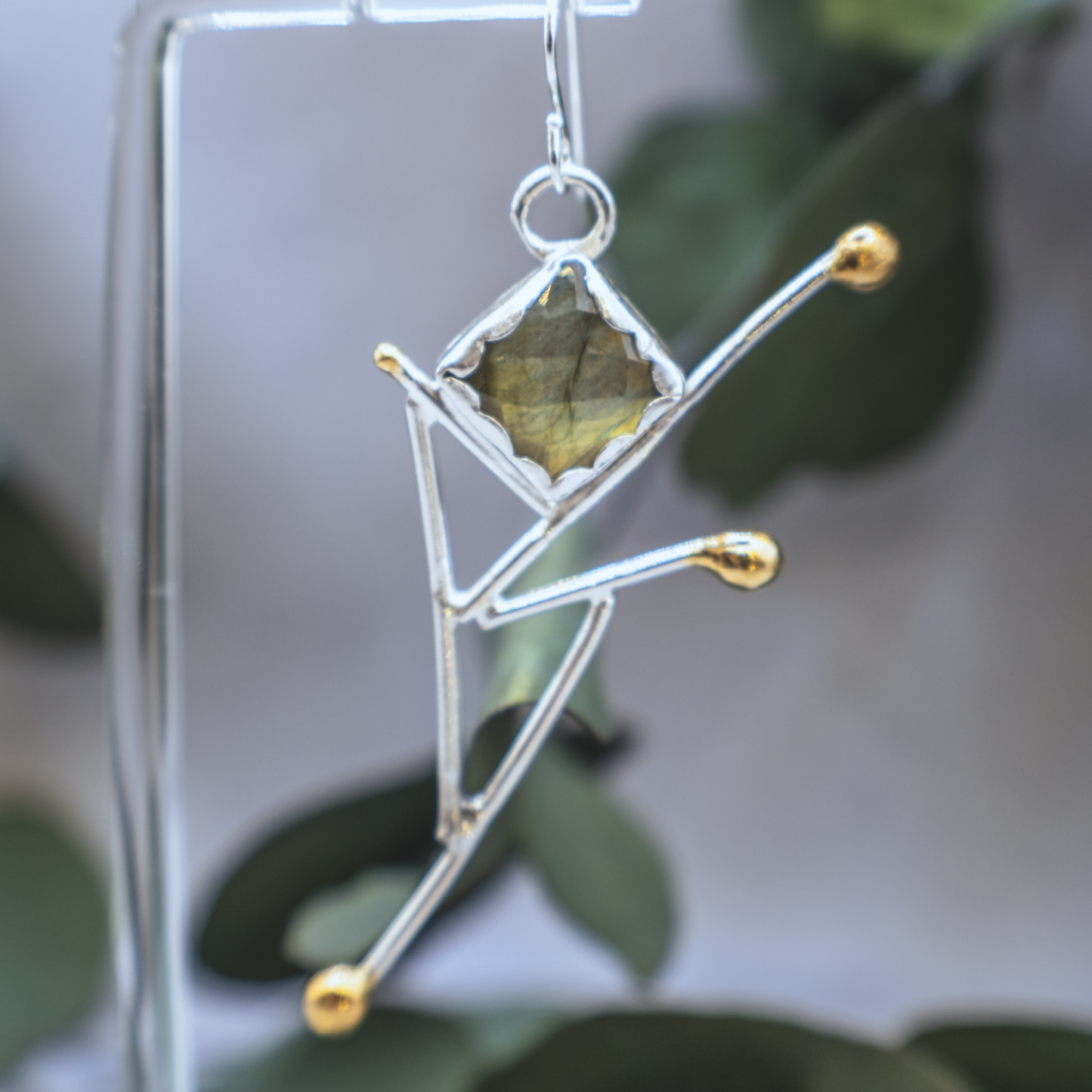 Aurora Earrings - Sterling silver and Labradorite Earrings with 24K Brushed Gold