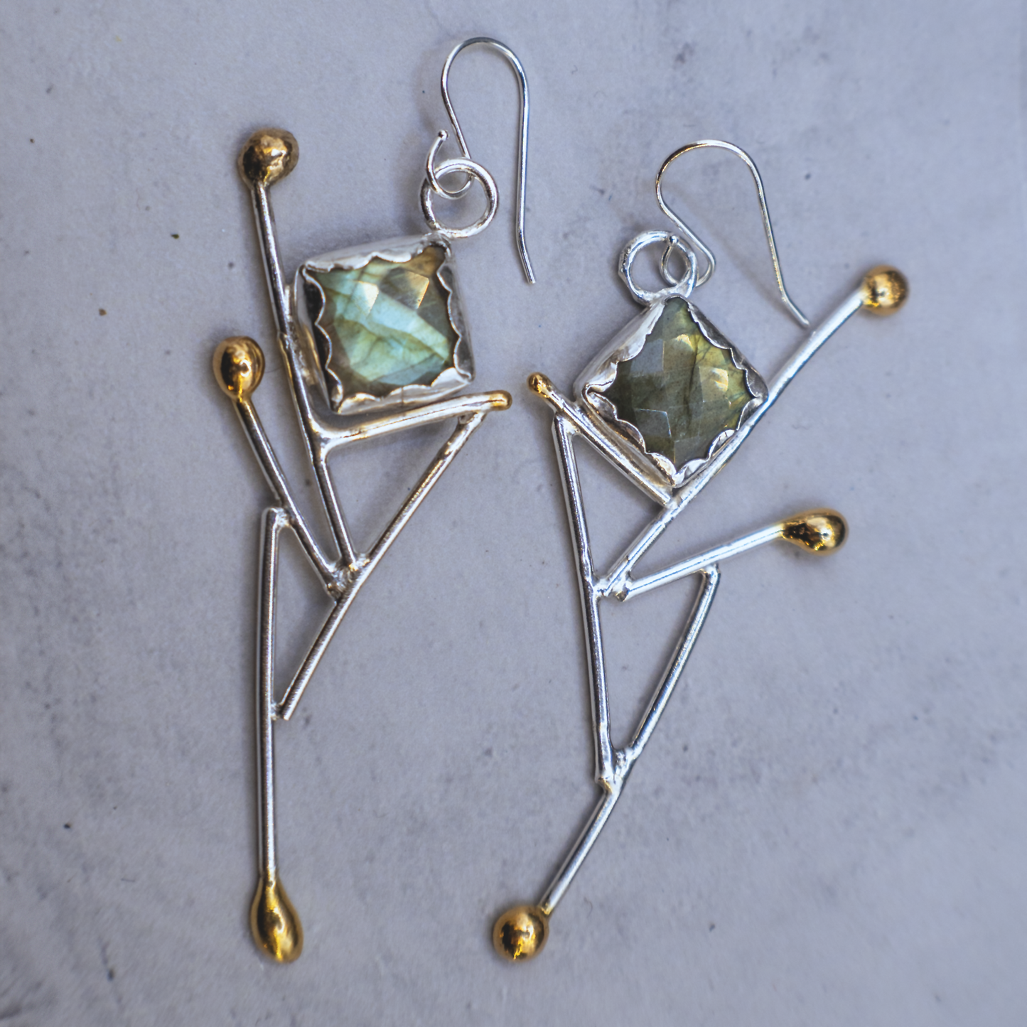 Aurora Earrings - Sterling silver and Labradorite Earrings with 24K Brushed Gold