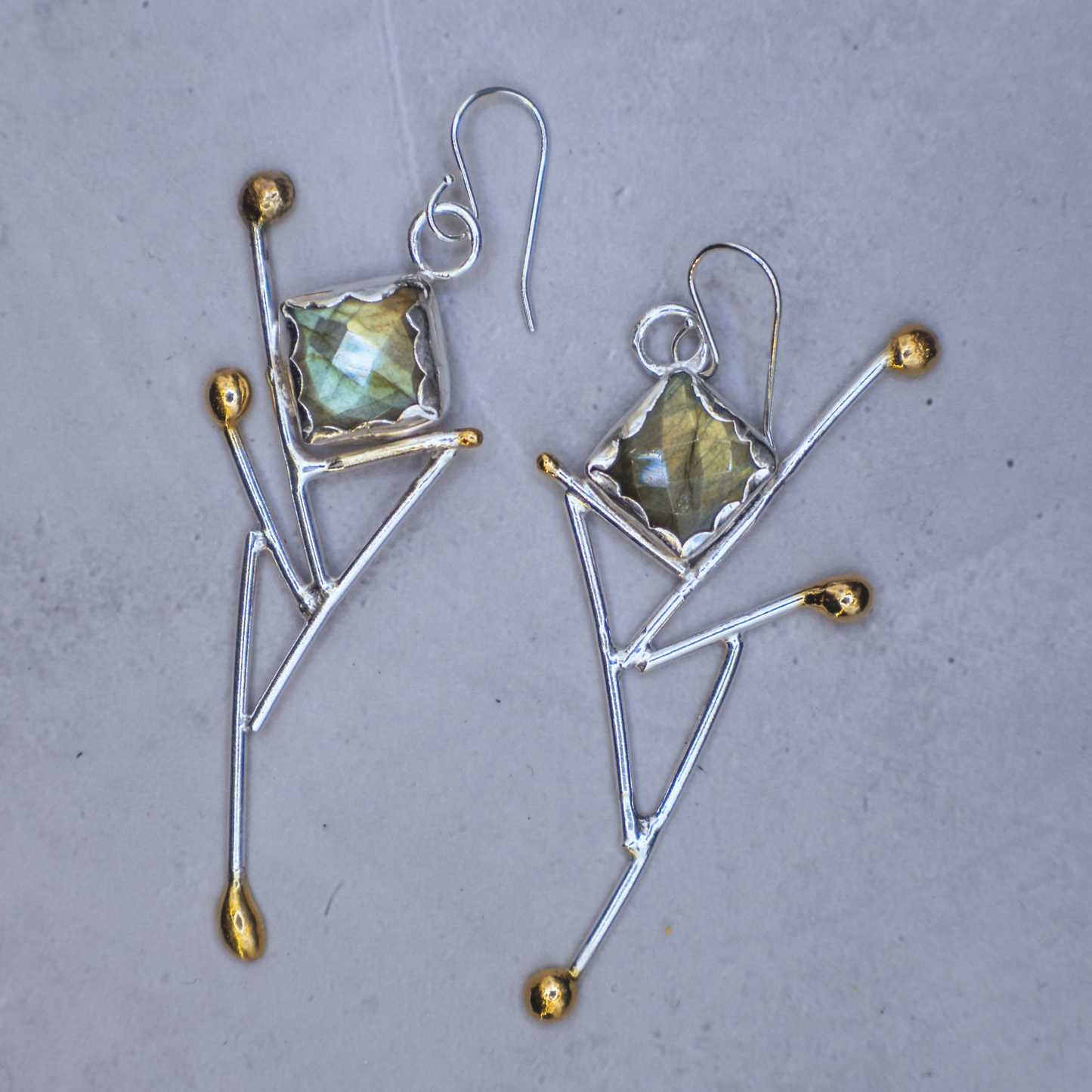 Aurora Earrings - Sterling silver and Labradorite Earrings with 24K Brushed Gold