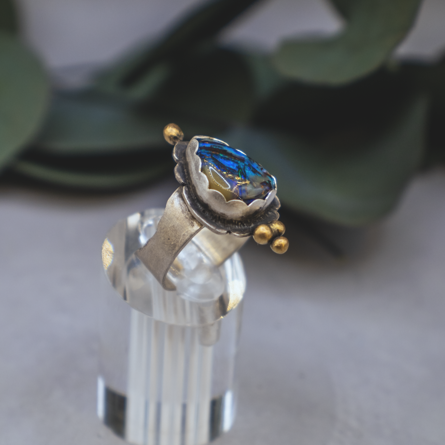 Electric River Ring - Sterling Silver and Australian Boulder opal with 24K Brushed Gold