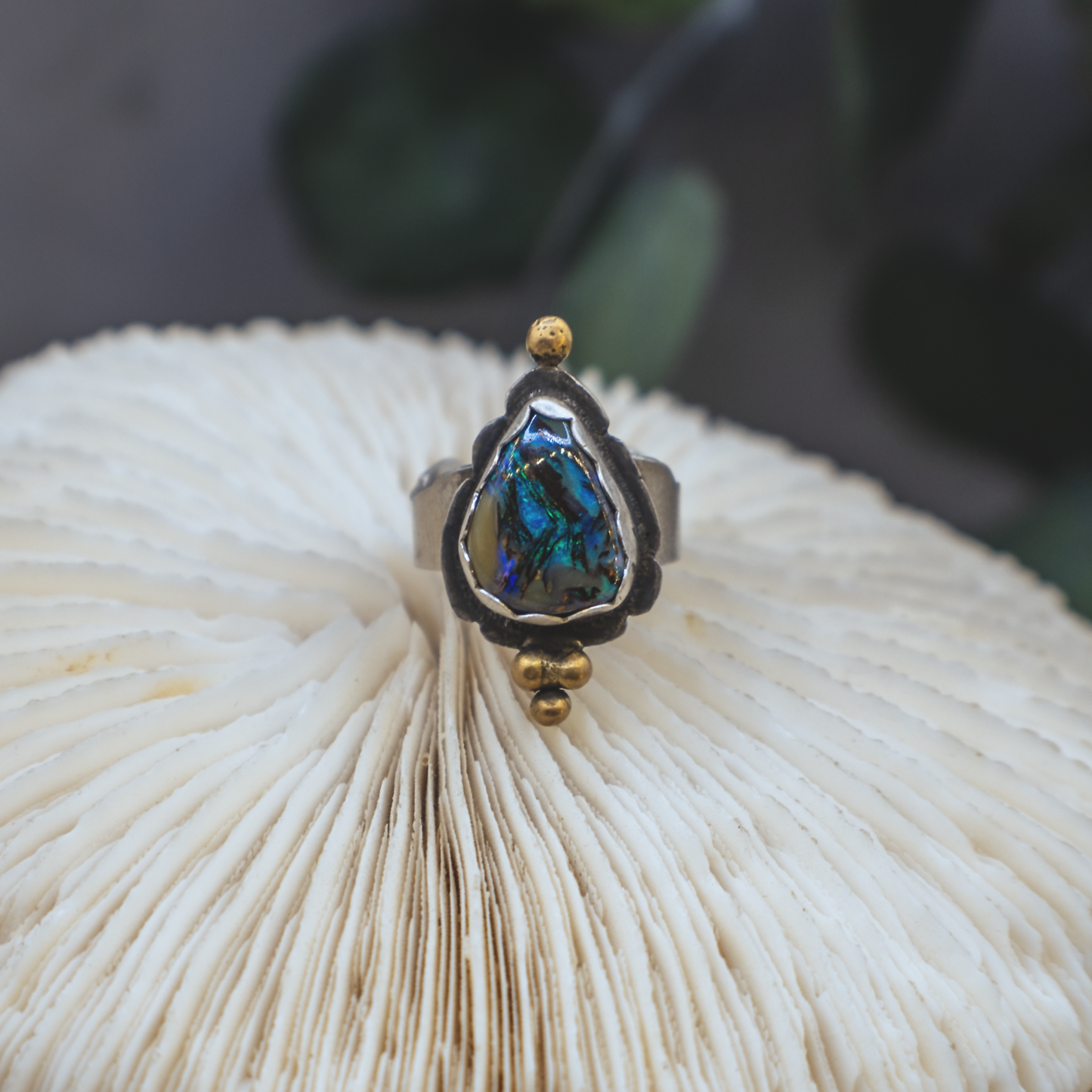 Electric River Ring - Sterling Silver and Australian Boulder opal with 24K Brushed Gold