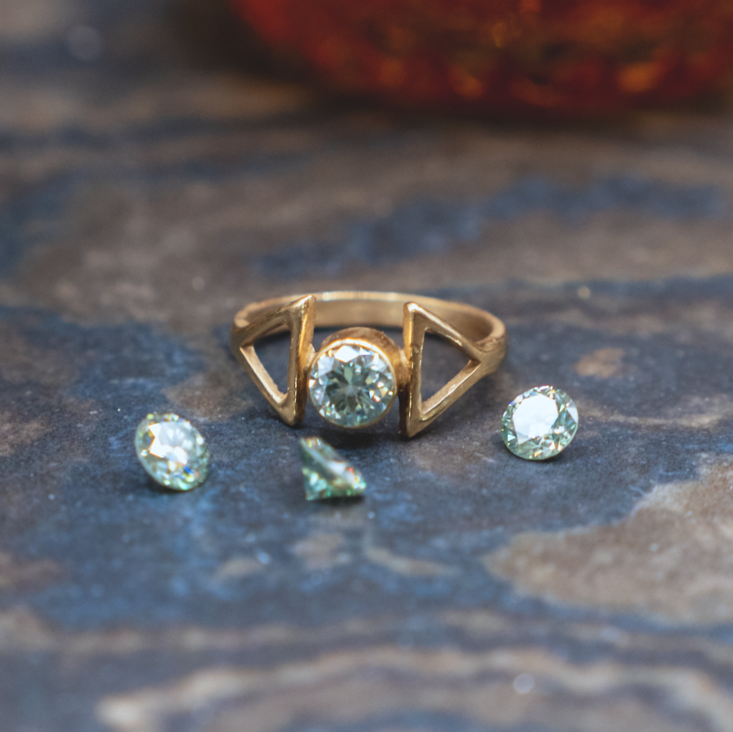 Ice Blue Moissanite Triangle Ring - 18K Gold Vermeil and Moissanite Diamond Alternative