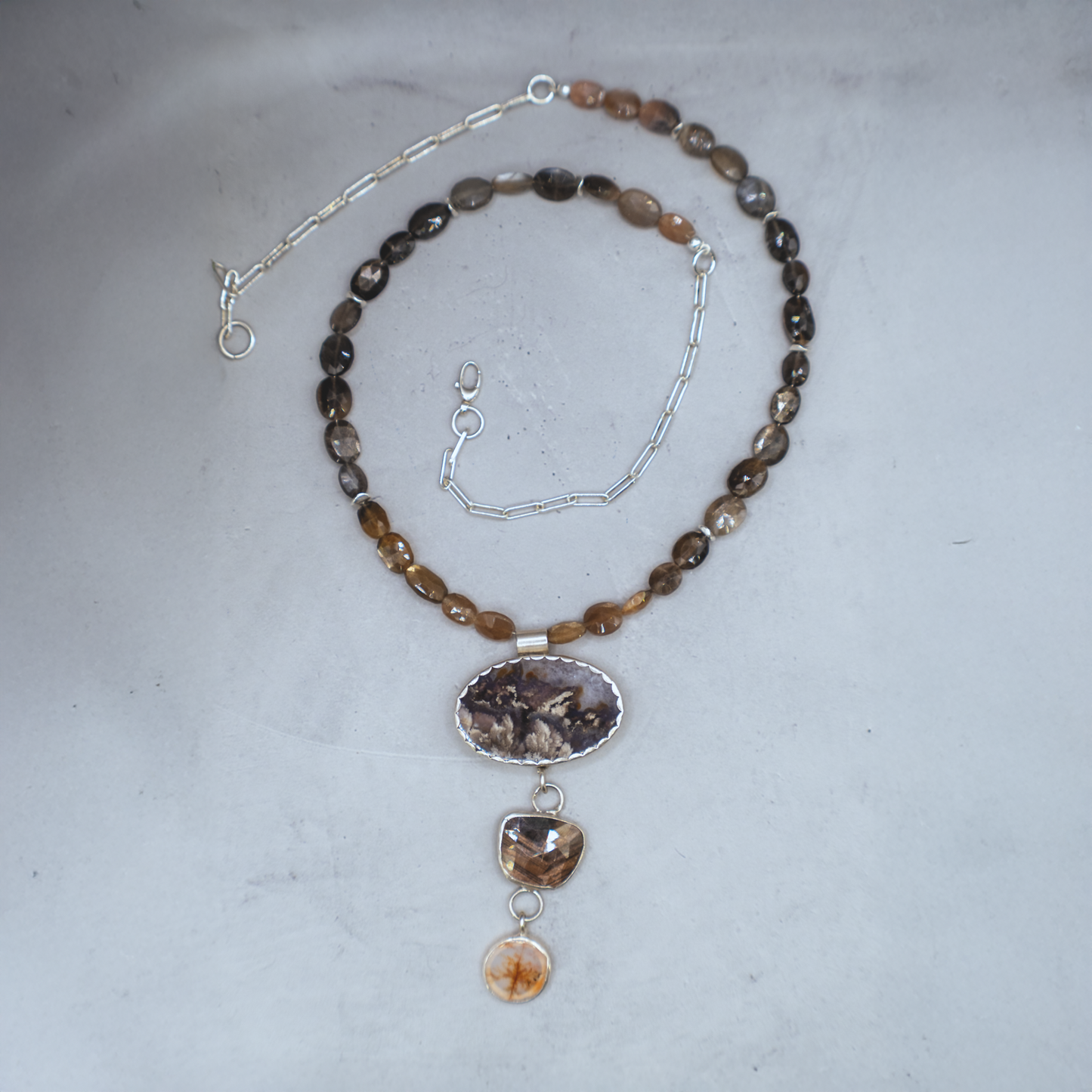 Rising Roots Necklace II - Dendritic Agate & Bronze Sapphire Sterling Silver Necklace
