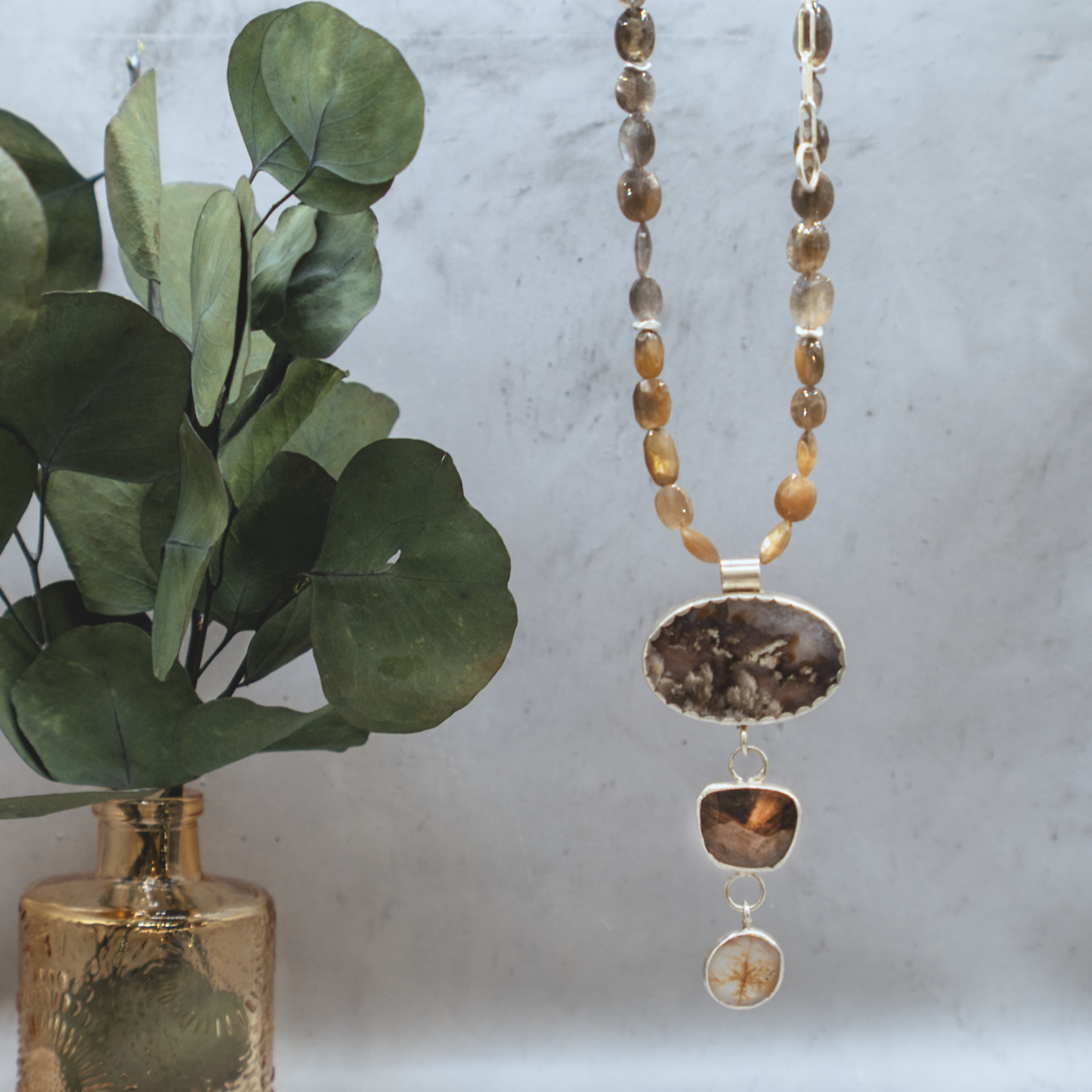 Rising Roots Necklace II - Dendritic Agate & Bronze Sapphire Sterling Silver Necklace