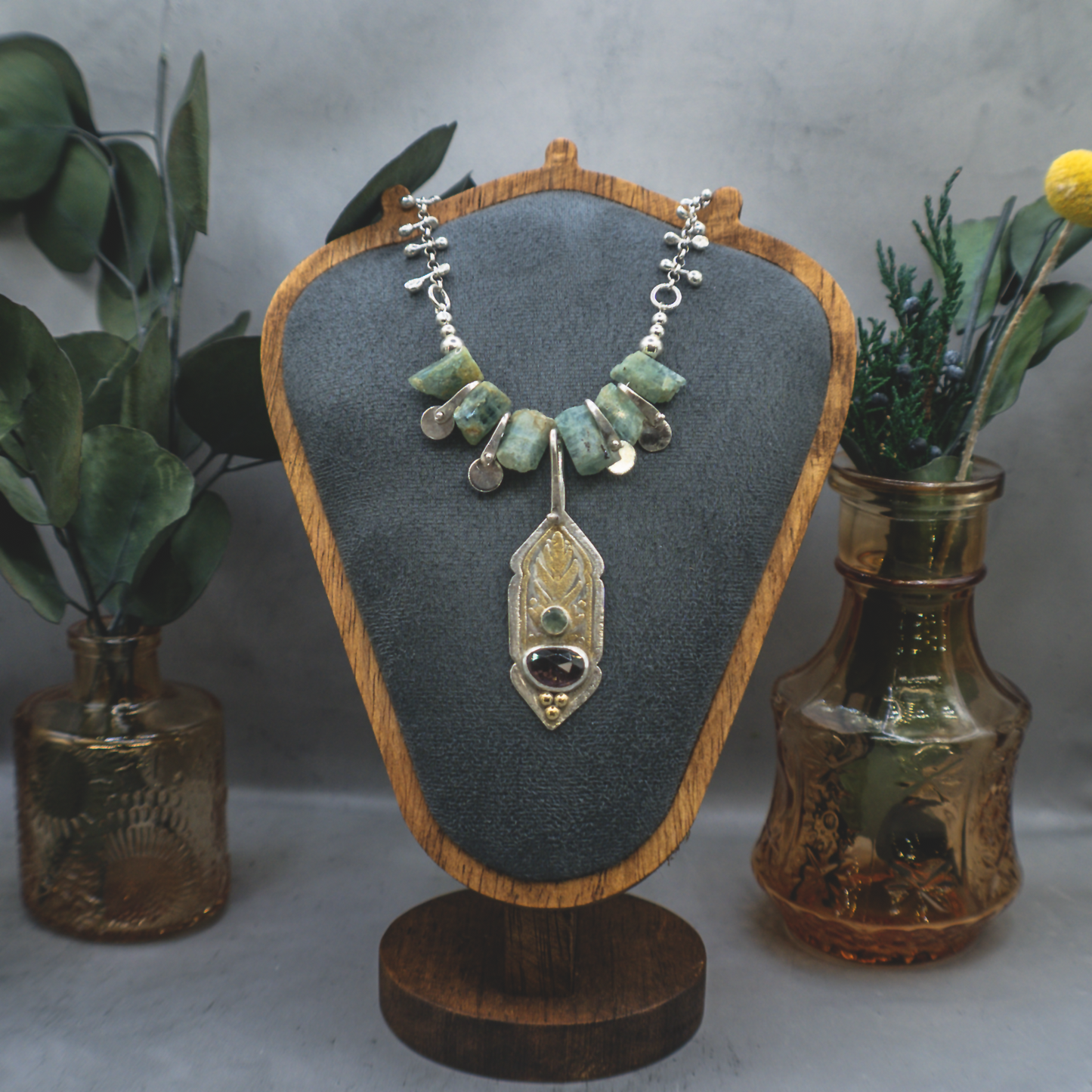Nouveau Modern Growing Grain Necklace - Sterling Silver, 24K Gold, Montana Sapphire and Tourmaline Necklace