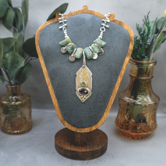 Nouveau Modern Growing Grain Necklace - Sterling Silver, 24K Gold, Montana Sapphire and Tourmaline Necklace
