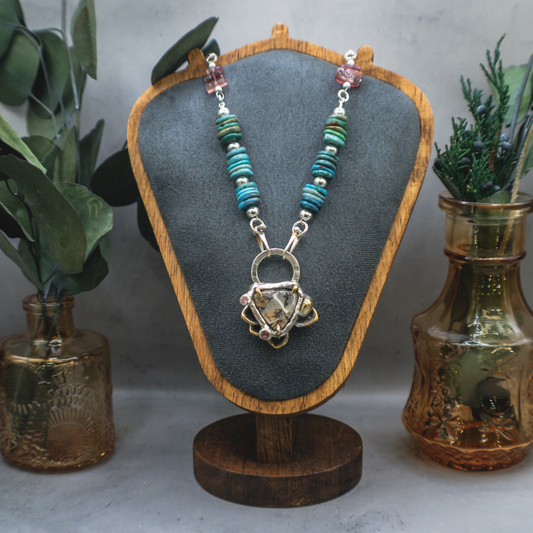 Stoneflower Necklace - Gold, Silver, Turquoise, Tourmaline, Dendritic Quartz