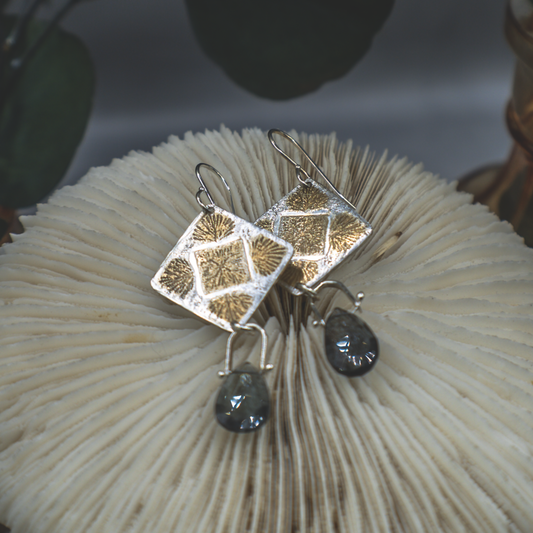 Anenome Bloom Earrings - Moss Aquamarine, Silver, and 24k Gold Earrings