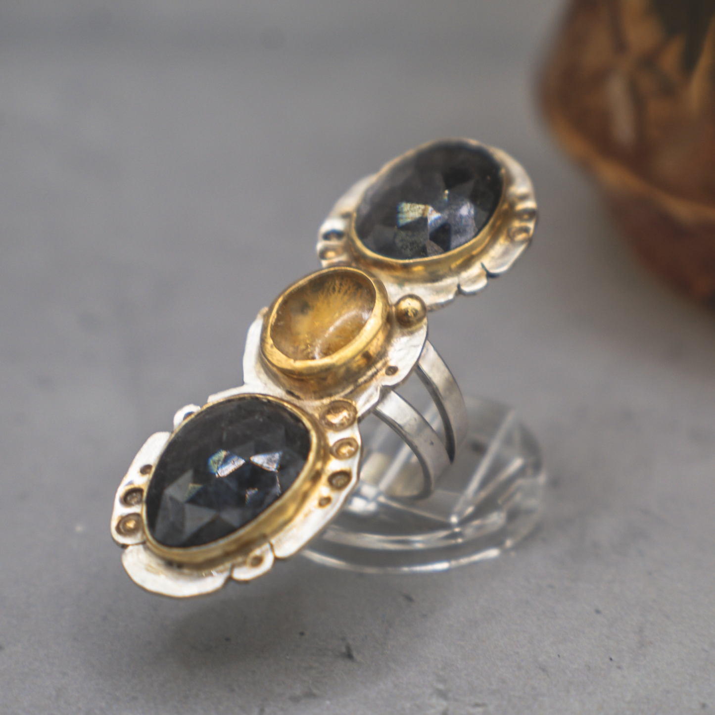 Shadow Lantern Ring I  -  Metallic Sapphire, Dendritic Quartz, 24K Gold and Silver Ring