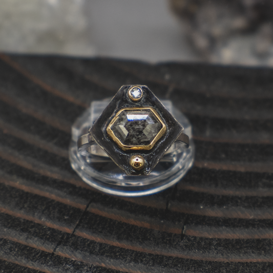 Obsidian Compass Ring I - Rustic and Fine Diamond, 18K Gold and Sterling Silver Ring