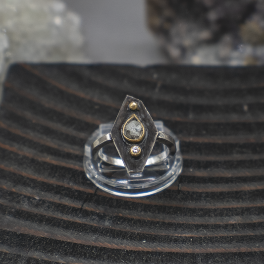 Obsidian Compass Ring II - Rustic and Fine Diamond, 18K Gold and Sterling Silver Ring