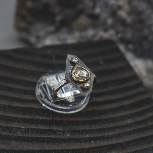 Obsidian Compass Ring III - Rustic and Fine Diamond, 18K Gold and Sterling Silver Ring