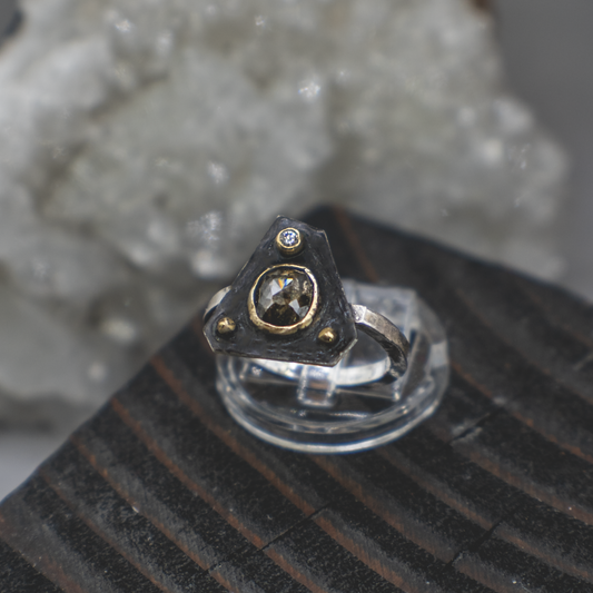 Obsidian Compass Ring IV- Rustic and Fine Diamond, 18K Gold and Sterling Silver Ring