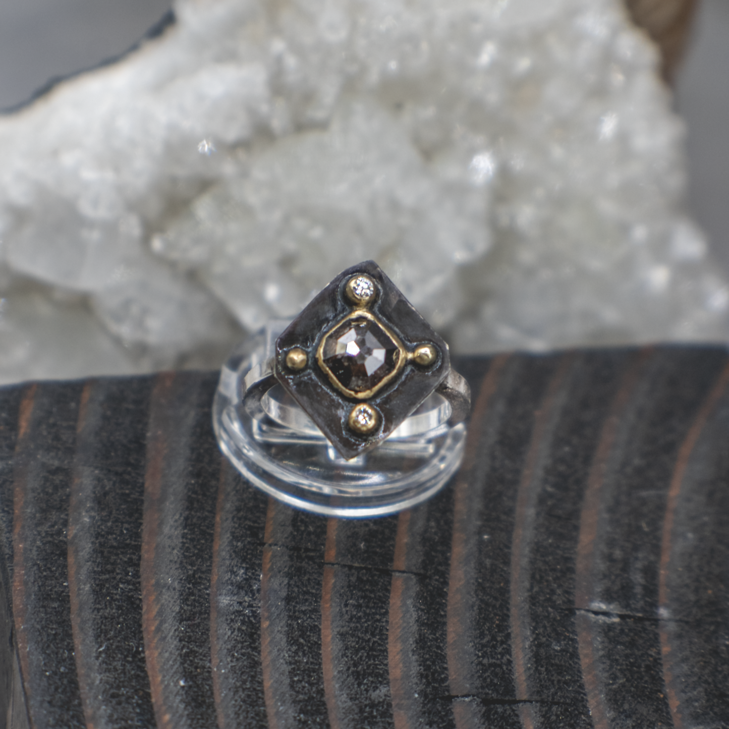 Obsidian Compass Ring V- Rustic and Fine Diamond, 18K Gold and Sterling Silver Ring