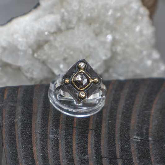 Obsidian Compass Ring V- Rustic and Fine Diamond, 18K Gold and Sterling Silver Ring