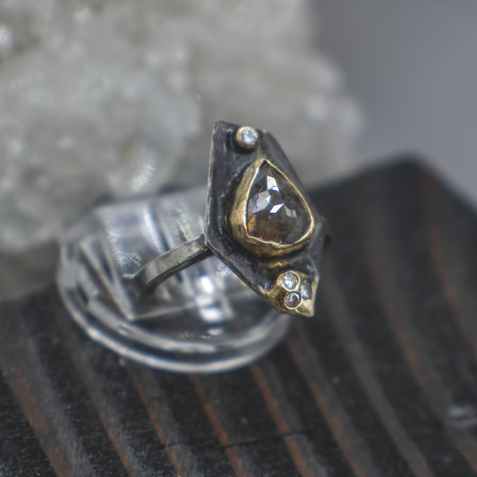 Obsidian Compass Ring VI - Rustic and Fine Diamond, 18K Gold and Sterling Silver Ring