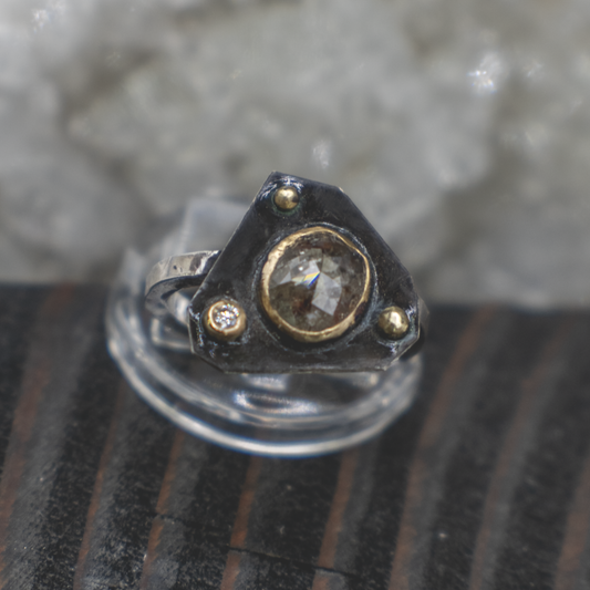 Obsidian Compass Ring VII - Rustic and Fine Diamond, 18K Gold and Sterling Silver Ring