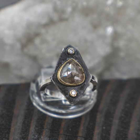 Obsidian Compass Ring VIII - Rustic and Fine Diamond, 18K Gold and Sterling Silver Ring