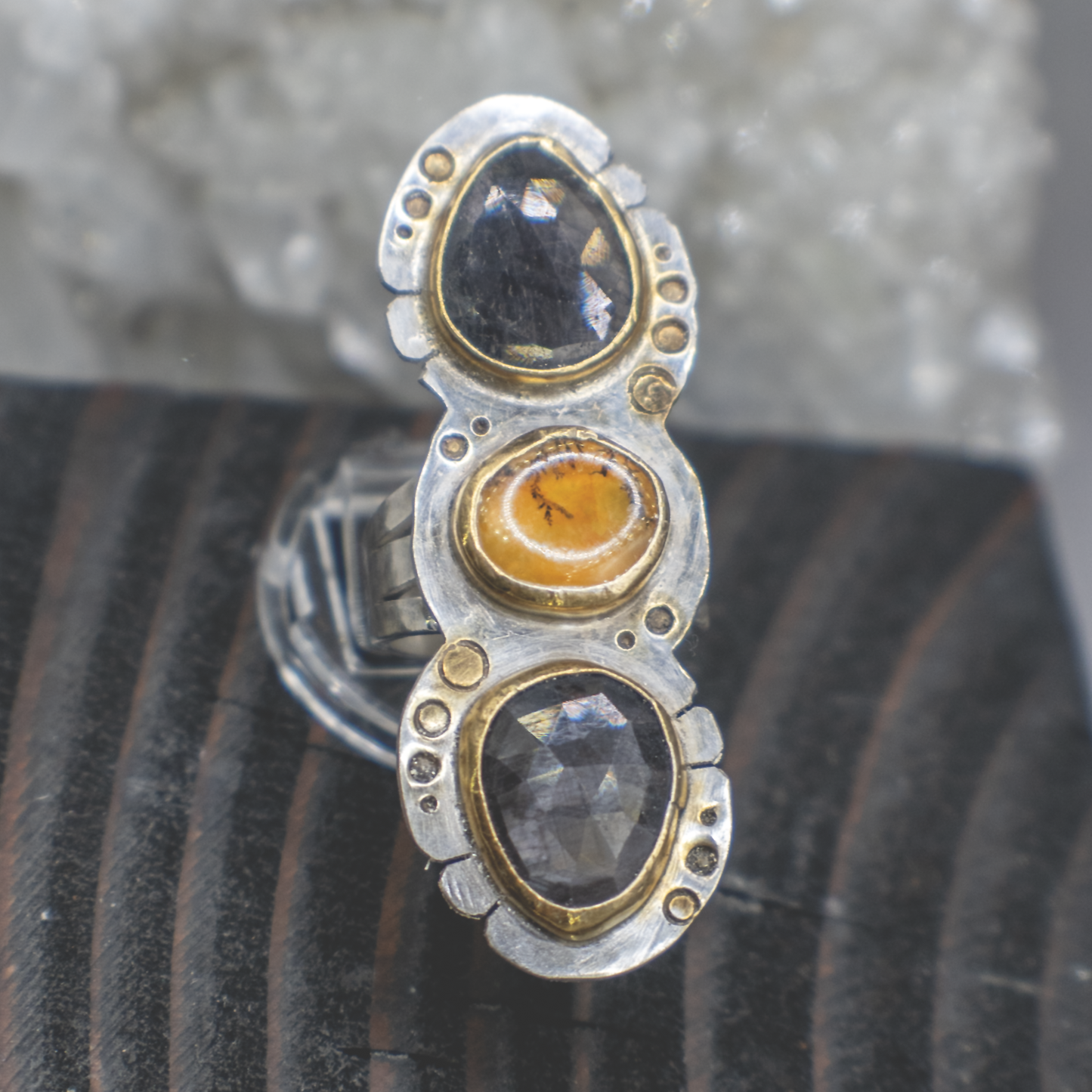 Shadow Lantern Ring III  -  Metallic Sapphire, Dendritic Quartz, 24K Gold and Silver Ring