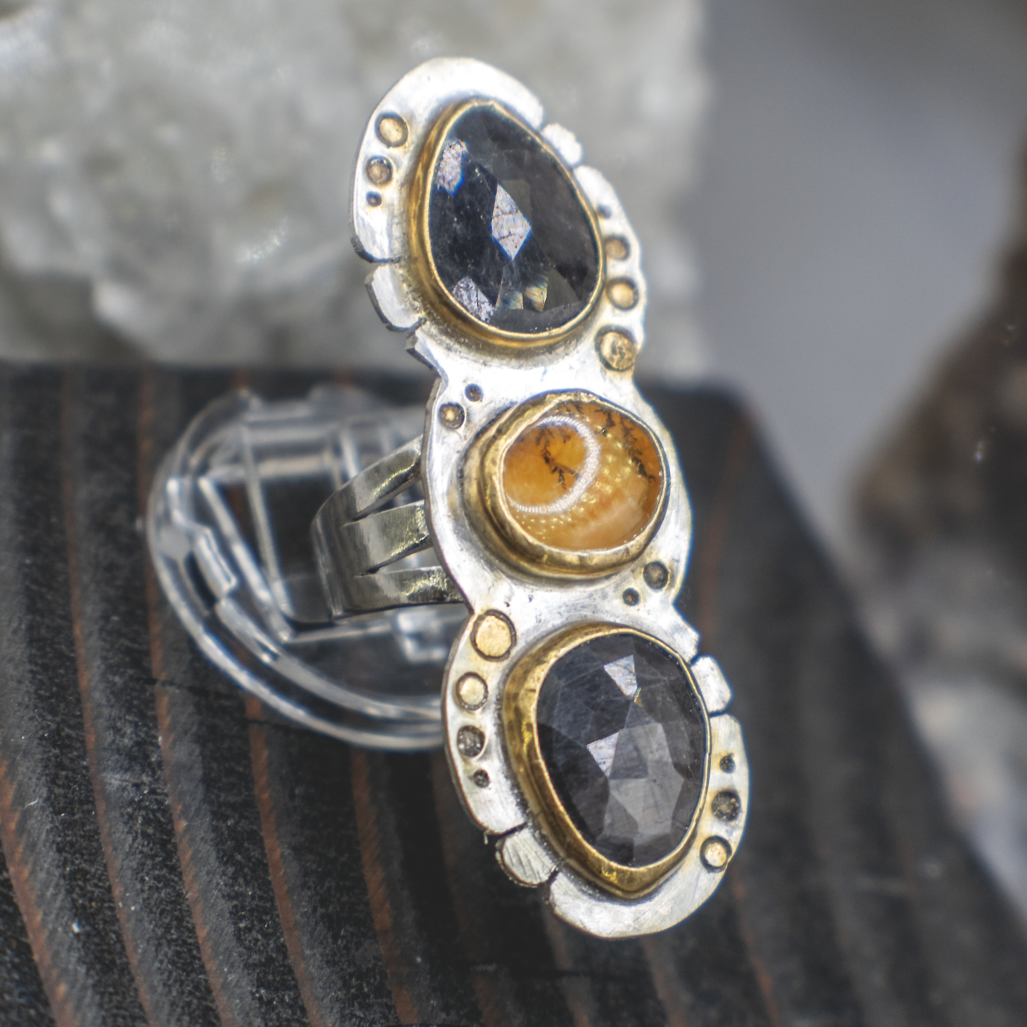 Shadow Lantern Ring III  -  Metallic Sapphire, Dendritic Quartz, 24K Gold and Silver Ring