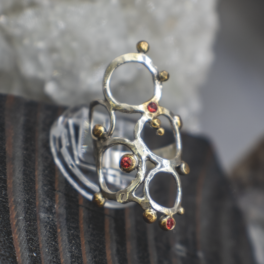 Solar Flare Ring - Sterling Silver, 18K Brushed Gold, Orange Sapphire Ring