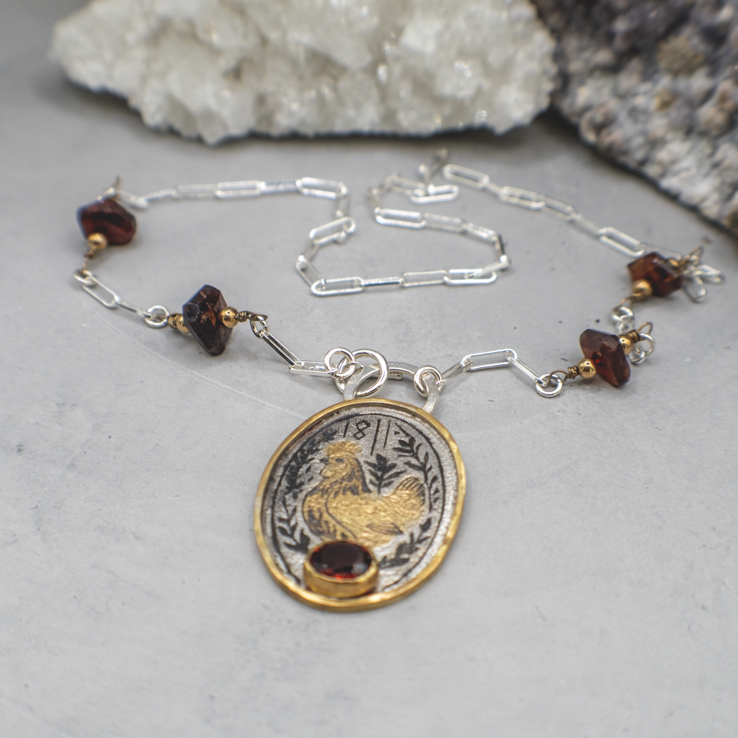 Hen Zen  - Sterling Silver, 24K Gold, Hessonite Garnet Necklace