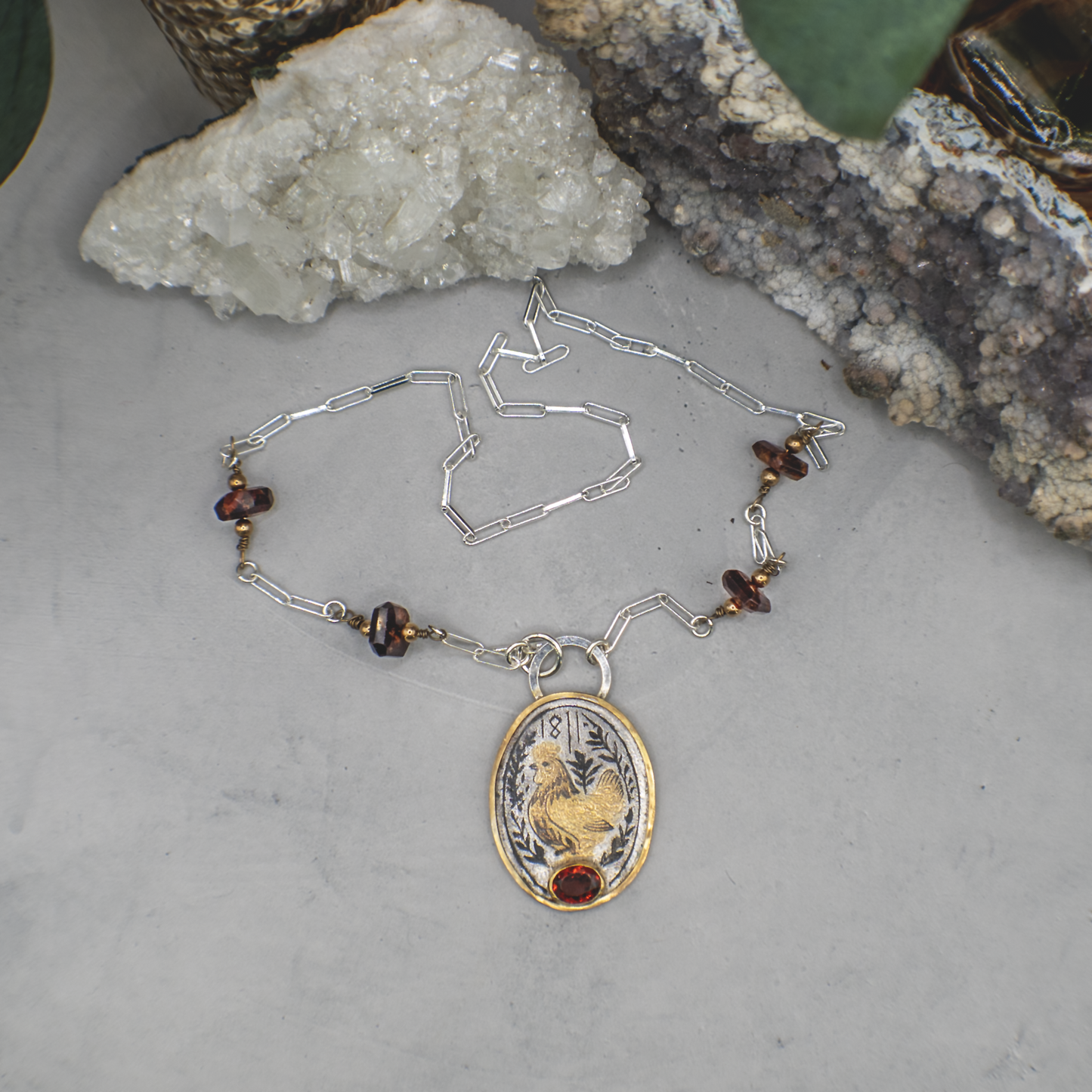 Hen Zen  - Sterling Silver, 24K Gold, Hessonite Garnet Necklace