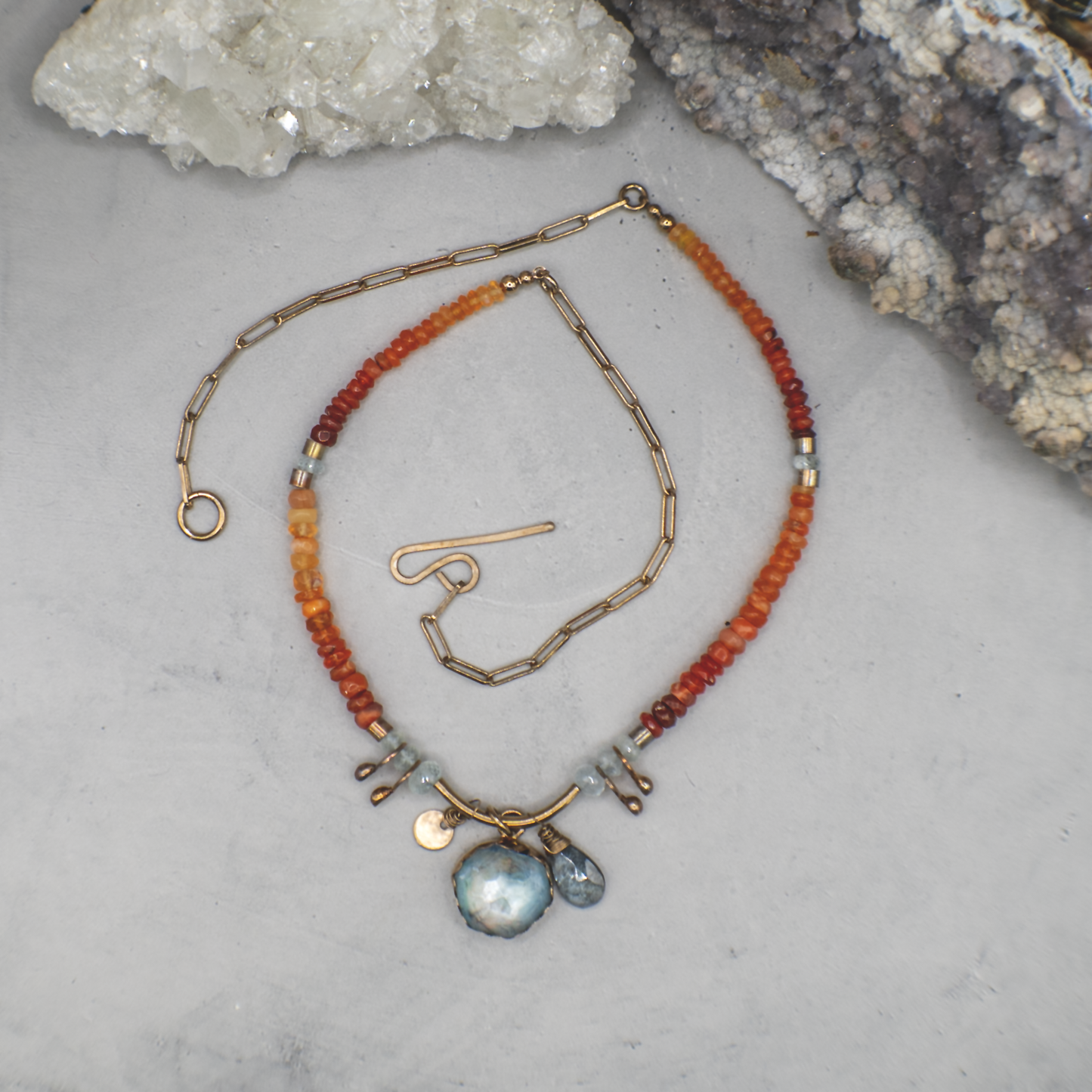 Solstice Ember Necklace - Aquamarine, Mexican Opal, 18K Gold Vermeil
