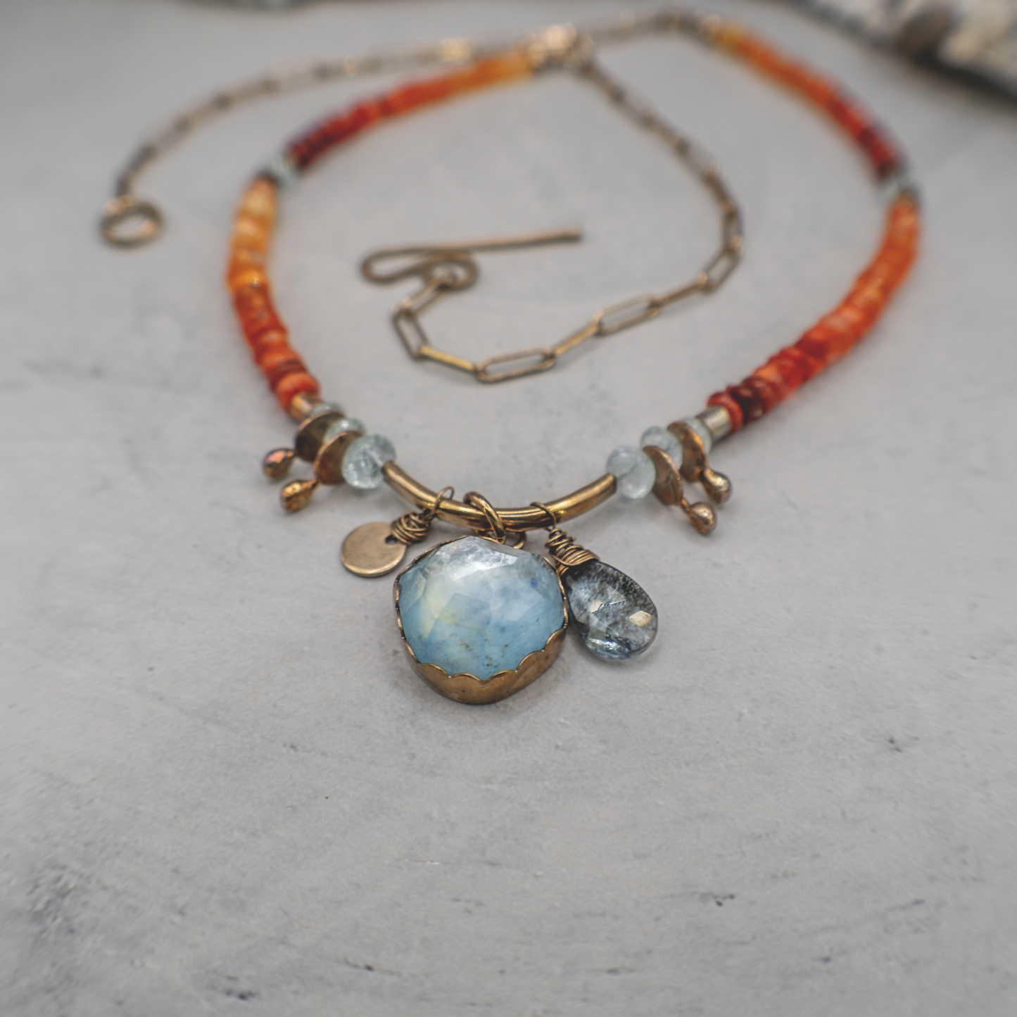 Solstice Ember Necklace - Aquamarine, Mexican Opal, 18K Gold Vermeil