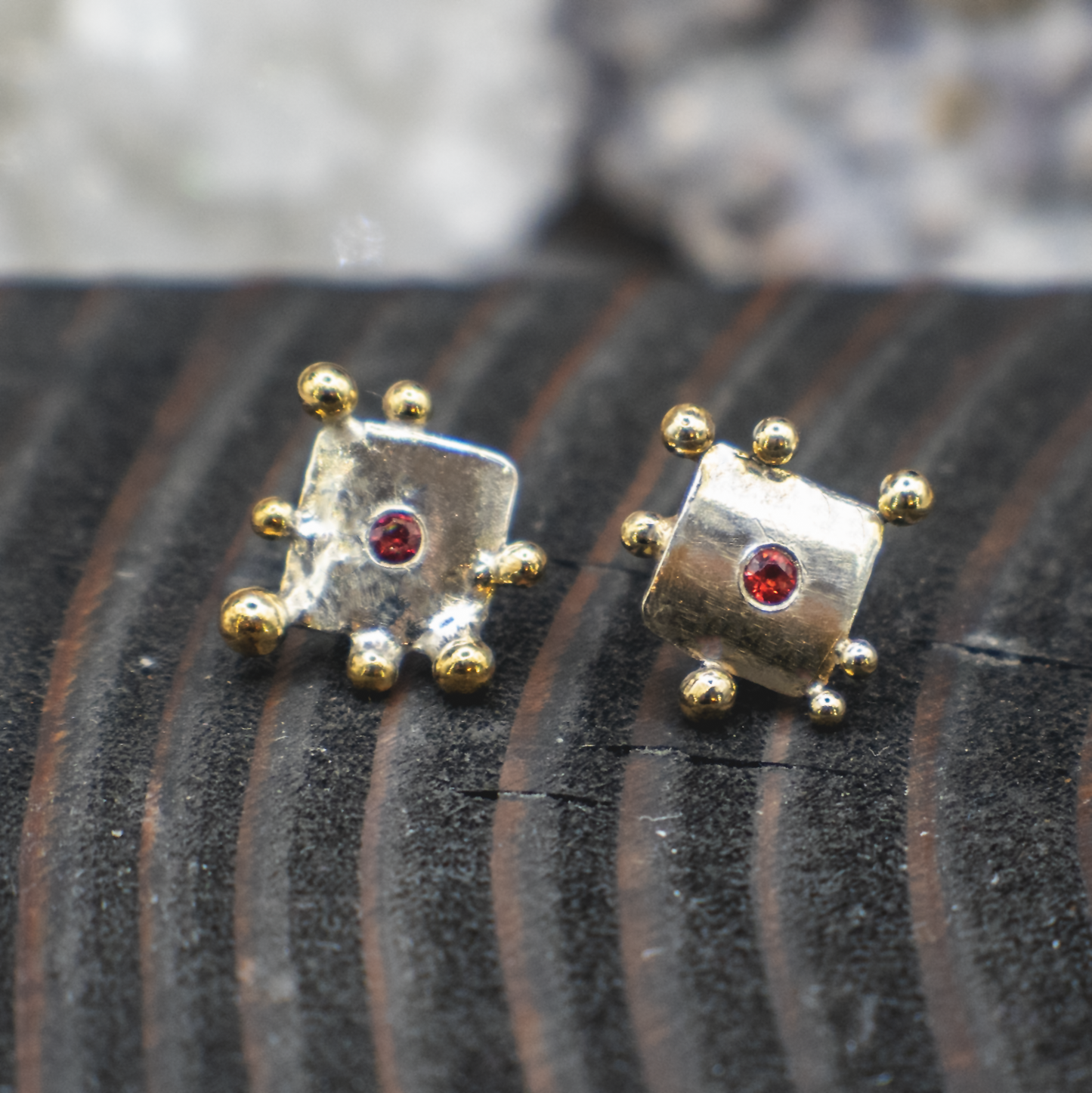 Stellar Pulse Stud Earrings - Sterling Silver, 24K Gold and Orange Sapphire