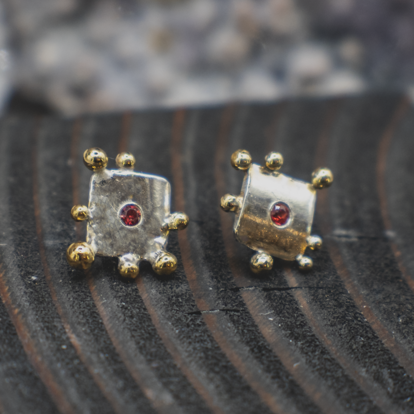 Stellar Pulse Stud Earrings - Sterling Silver, 24K Gold and Orange Sapphire