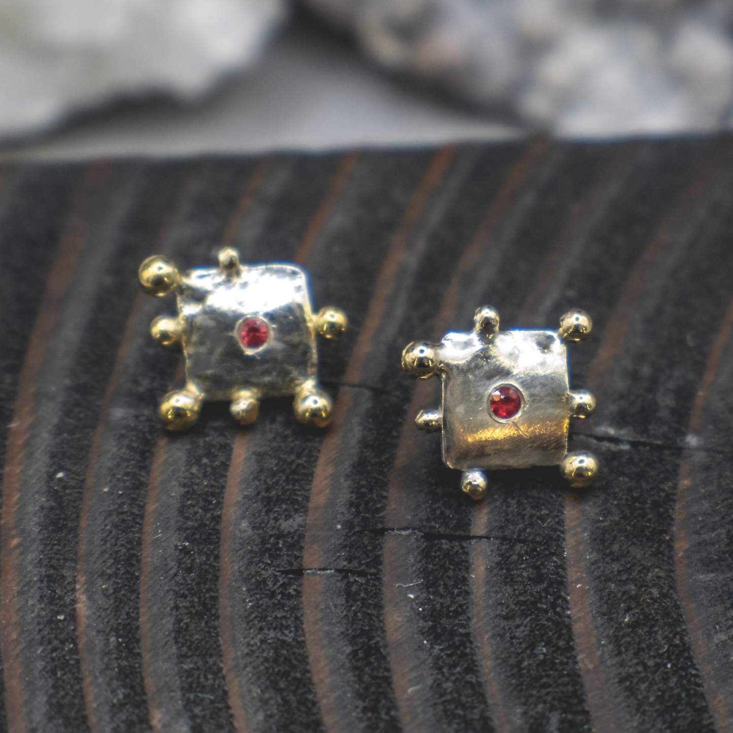 Stellar Pulse Stud Earrings - Sterling Silver, 24K Gold and Orange Sapphire