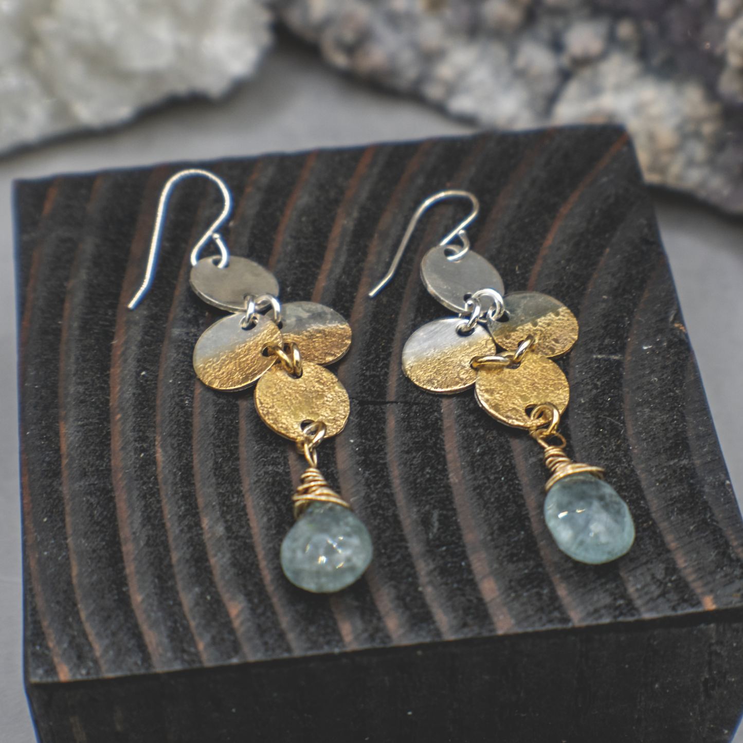 Eclipse Drift Earrings - Sterling Silver, 24K Gold and Aquamarine Earrings