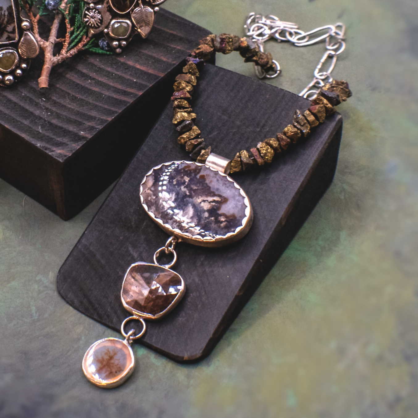 Rising Roots Necklace II - Dendritic Agate & Bronze Sapphire Sterling Silver Necklace